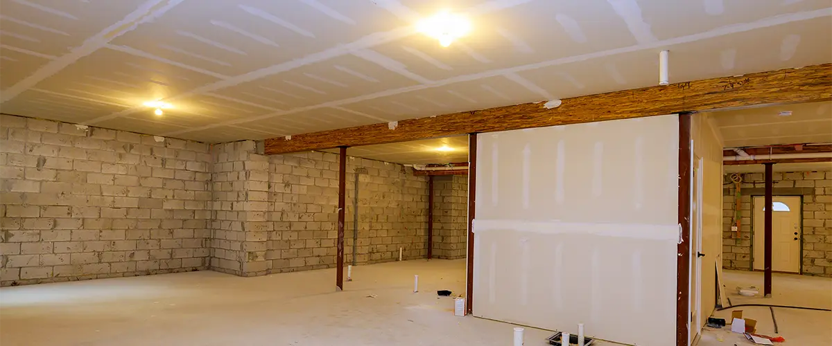 A basement finishing in progress with drywall ceiling installation