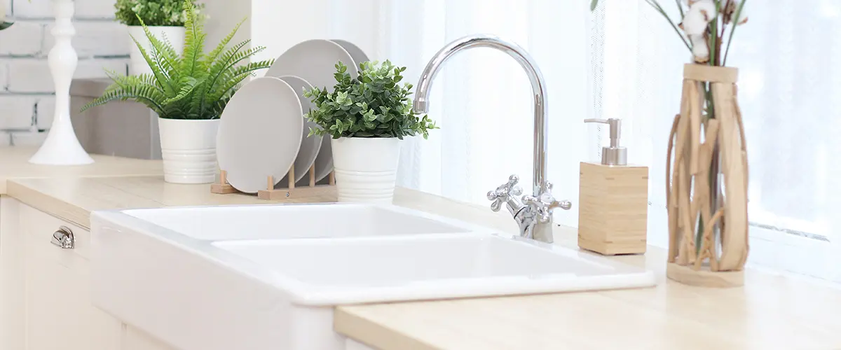 An undermount sink with plants and dishes