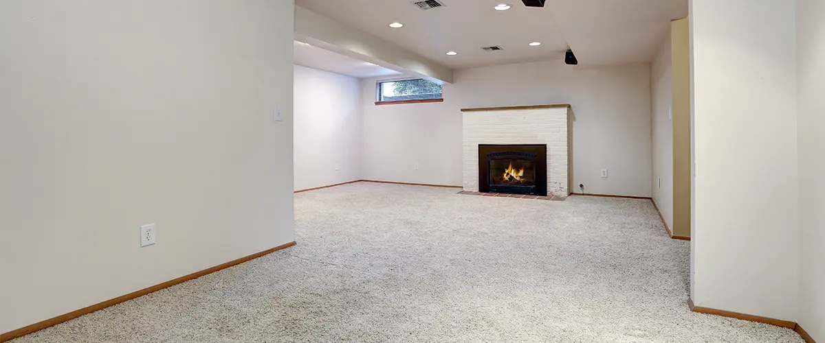 Carpet flooring with a fireplace in a basement