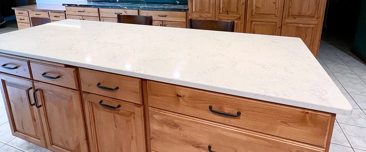 White countertop on a wooden kitchen island