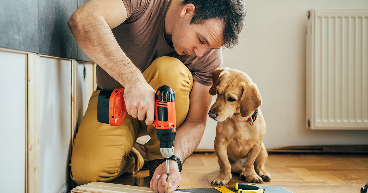 A homeowner with a dog installing something by his own