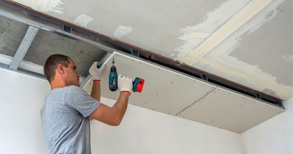 Drywall installation on ceiling