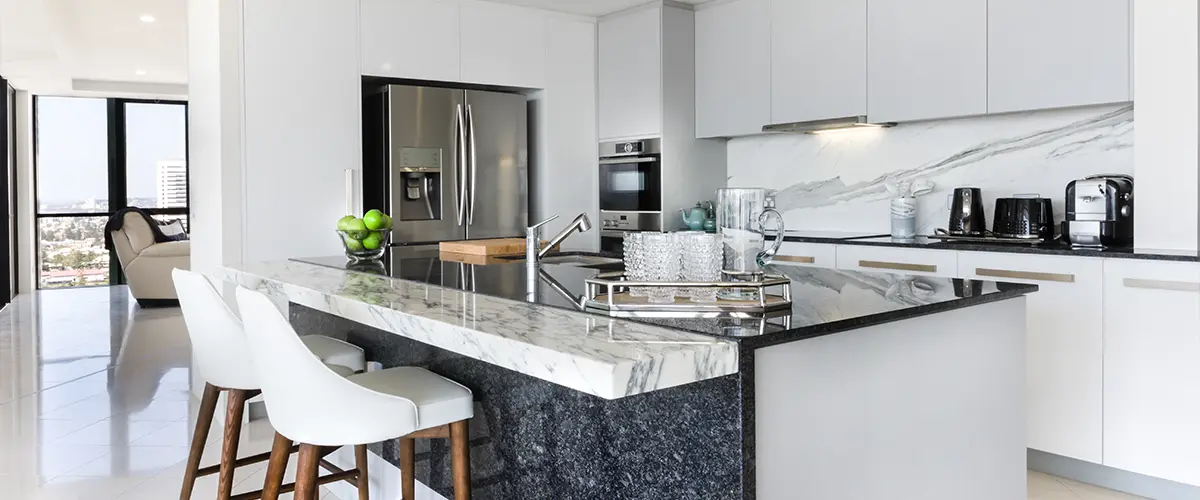 Kitchen remodeling in Mosinee, WI, with quartz top and stools