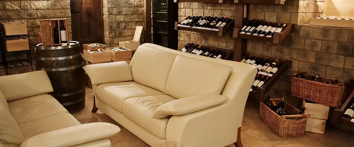 A man cave with a white couch and a rack of wine bottles