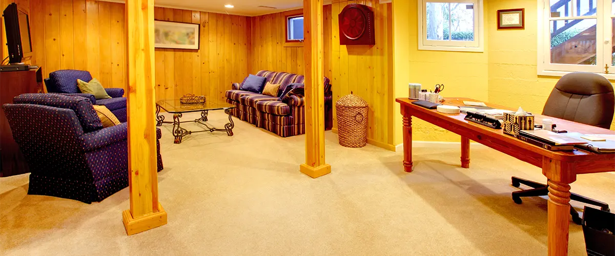 An office in a basement with carpet flooring