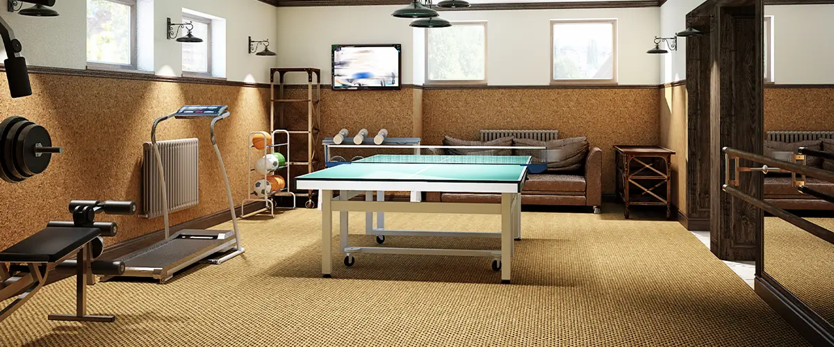 An in-home gym with a ping-pong table