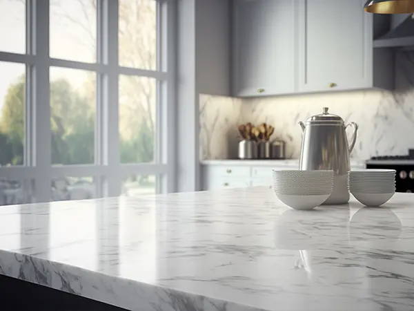 Marble countertop in a kitchen with large windows