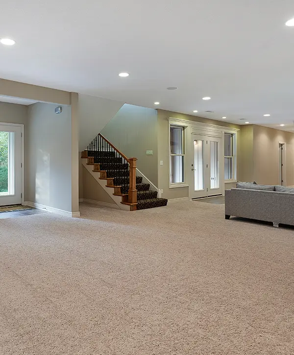 A walk-out basement with carpet flooring