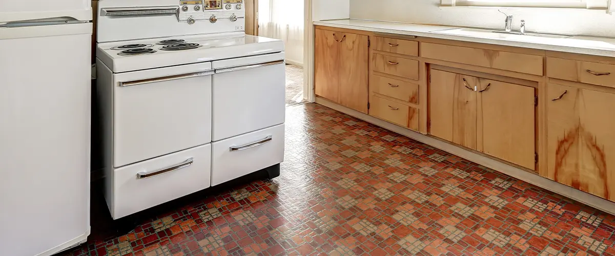 red linoleum flooring in kitchen
