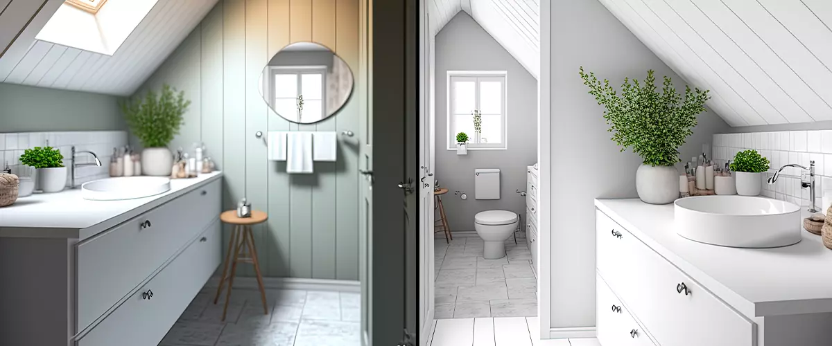 Before and after renovations to a small bathroom in an attic. Scandinavian design features bright white and neutral colors. Country home interior design, architecture, and home staging
