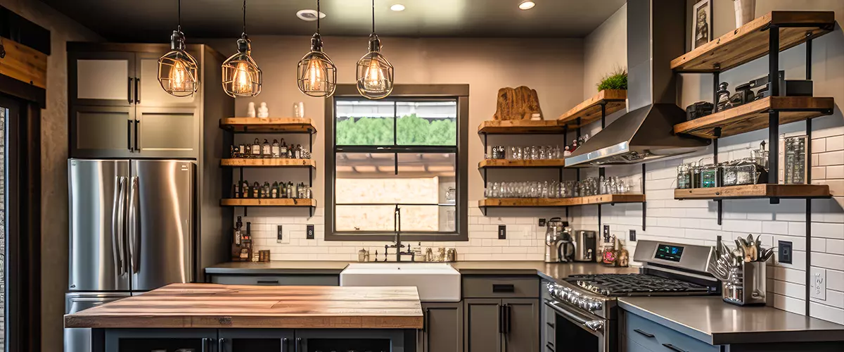 A trendy kitcA trendy kitchen with concrete countertops, metal shelving, and Edison bulb light fixtureshen with concrete countertops, metal shelving, and Edison bulb light fixtures