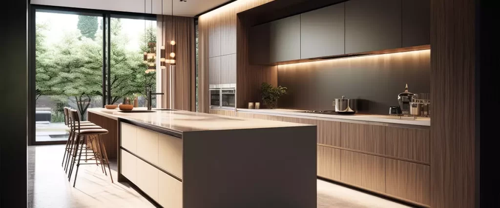 Modern kitchen with large island and lighting