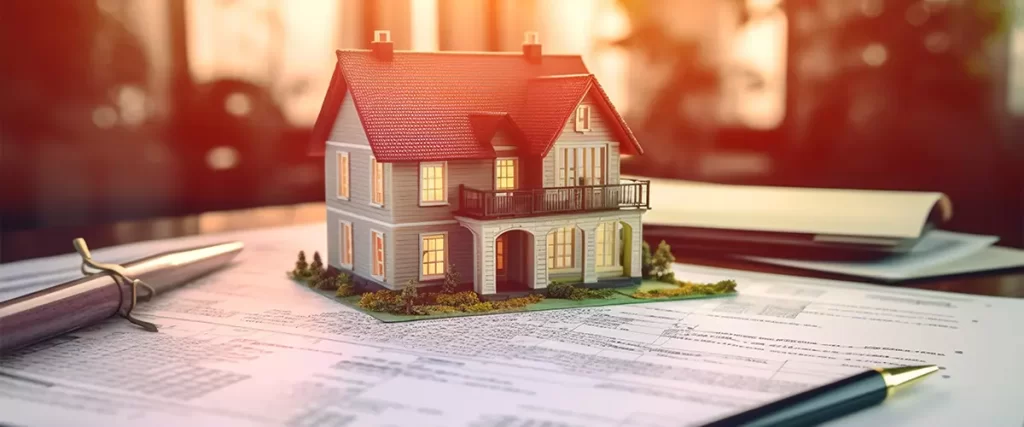 model of a small living house on a table in a real estate agency. signing mortgage contract document and demonstrating
