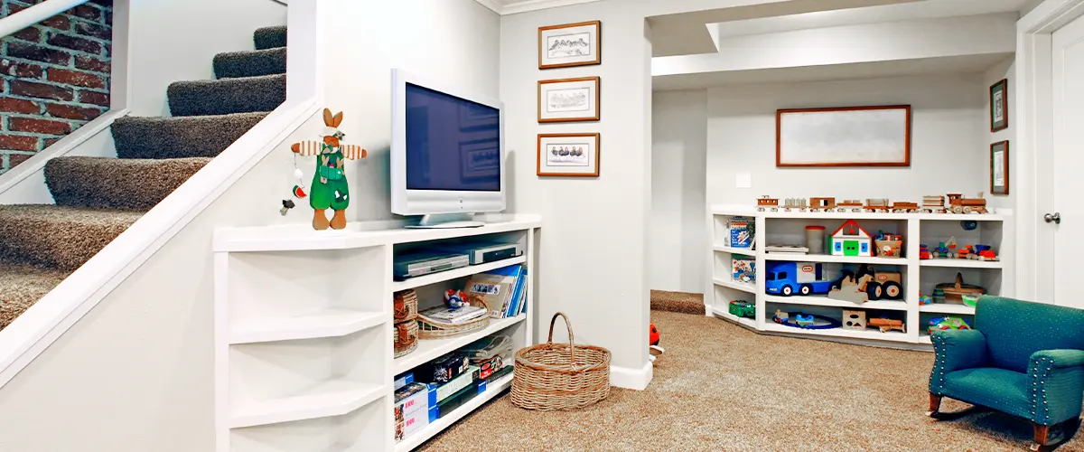 Play Room in Office as Basement Remodeled in Wisconsin - Remodeling JourneyWhite Basement Living Room
