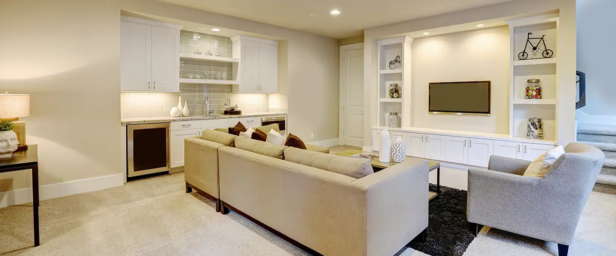 Chic basement living room with wet bar