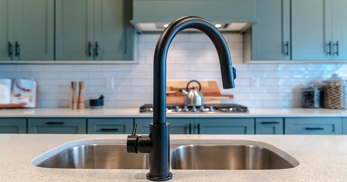 Sink detail shot in a luxury kitchen with herringbone backsplash tiles. white marble countertop, and black faucet.