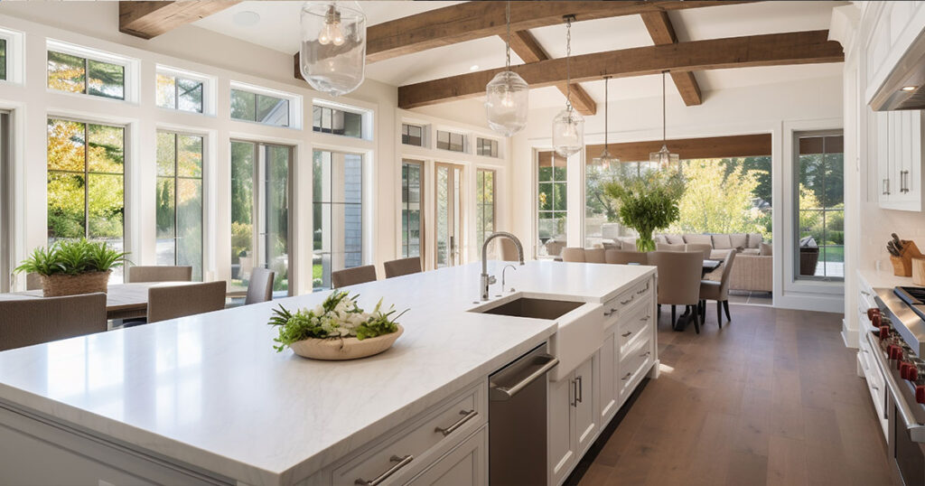 Kitchen interior in beautiful new luxury home remodeling in Home Remodeling in Shawano, WI with kitchen island and wooden floor, bright modern minimal style