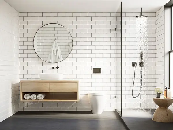 Modern bathroom floor with elegant tiles, ideal for stylish bathroom designs.