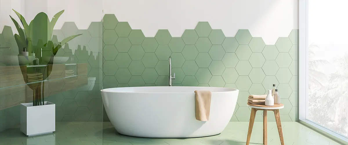 Modern bathroom with top tile flooring options, green hexagonal pattern.