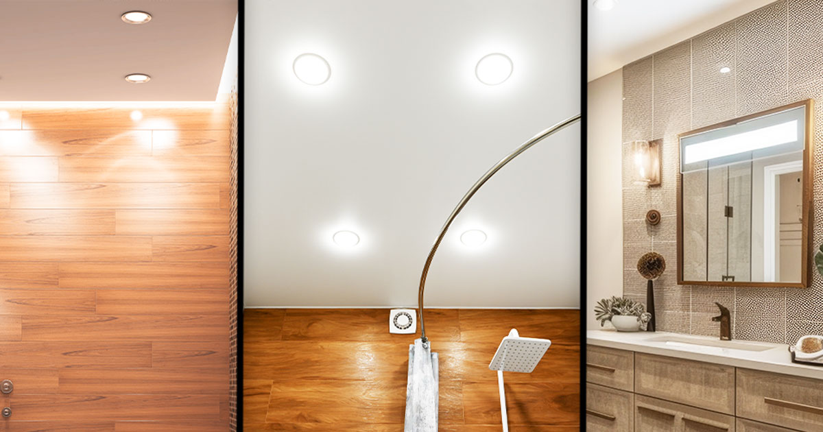 Collage of bathroom lighting styles, featuring recessed, pendant, and ceiling lights.