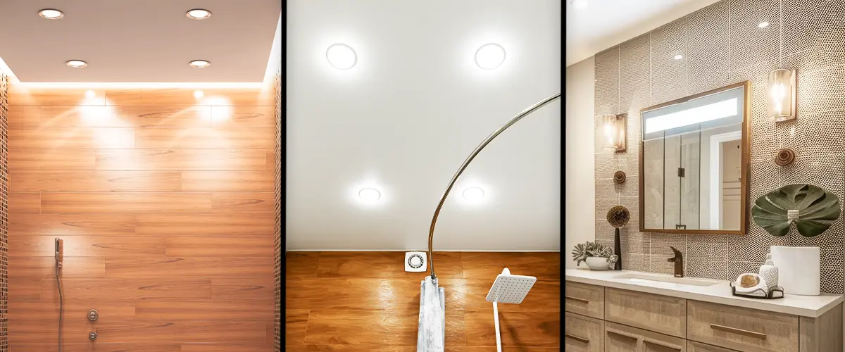 Collage of bathroom lighting styles, featuring recessed, pendant, and ceiling lights.