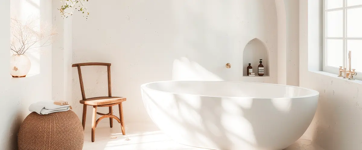 Minimalist bathroom with freestanding tub, arched windows, and natural light