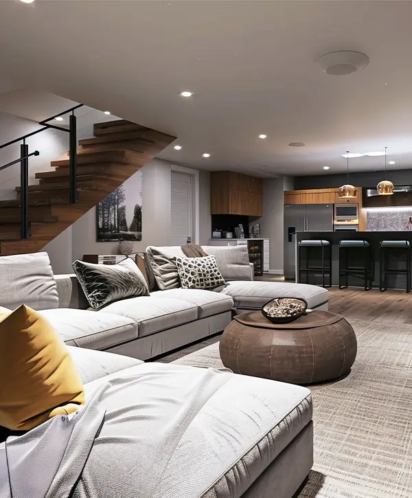 Modern basement living room with sectional sofa, kitchen area, and wooden staircase.