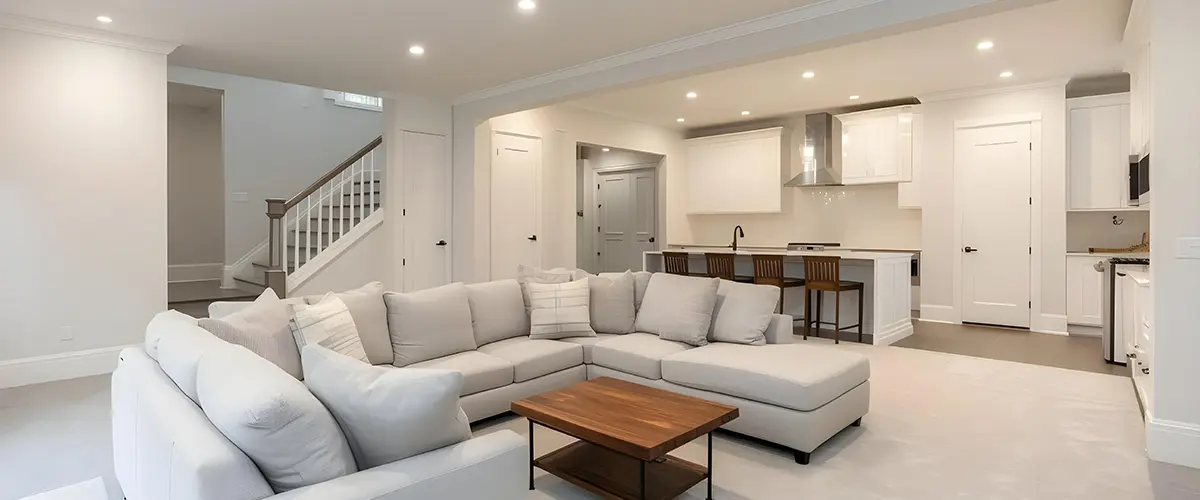 Bright basement living area with sectional sofa, open kitchen layout, and recessed lighting for contemporary design.