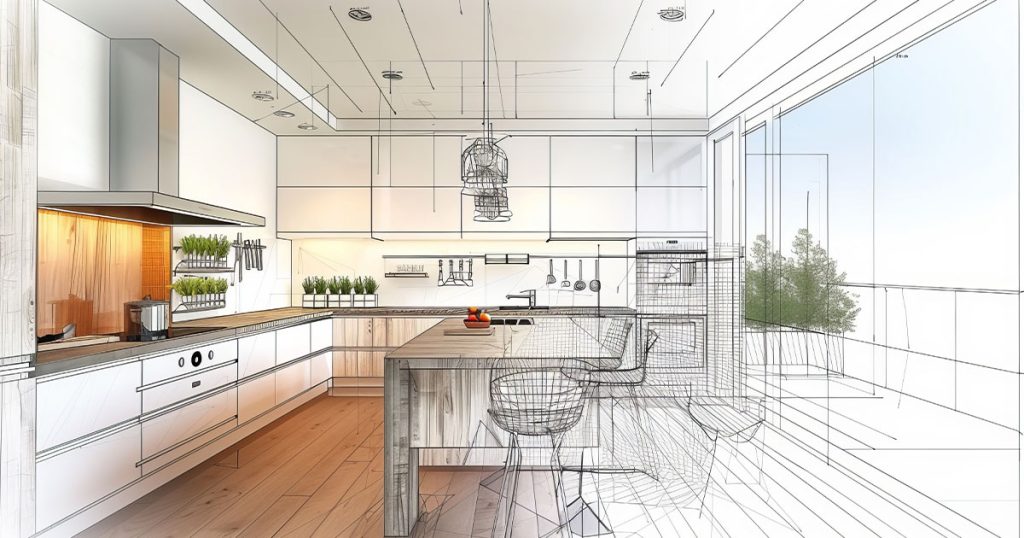 3D kitchen design rendering with modern cabinetry and island