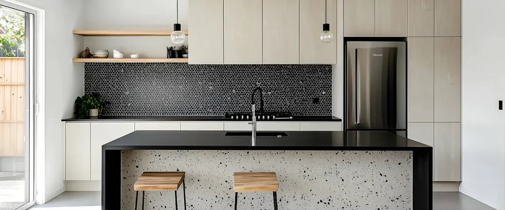 Modern black and white kitchen with island and pendant lighting