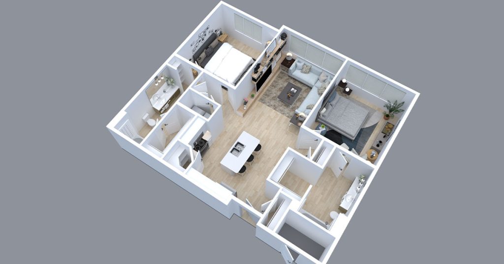 3D floor plan rendering of modern two-bedroom apartment with open-concept kitchen, living room, and two bathrooms
