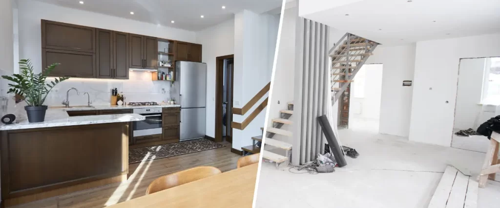 Modern open-concept kitchen with renovation materials laid out nearby