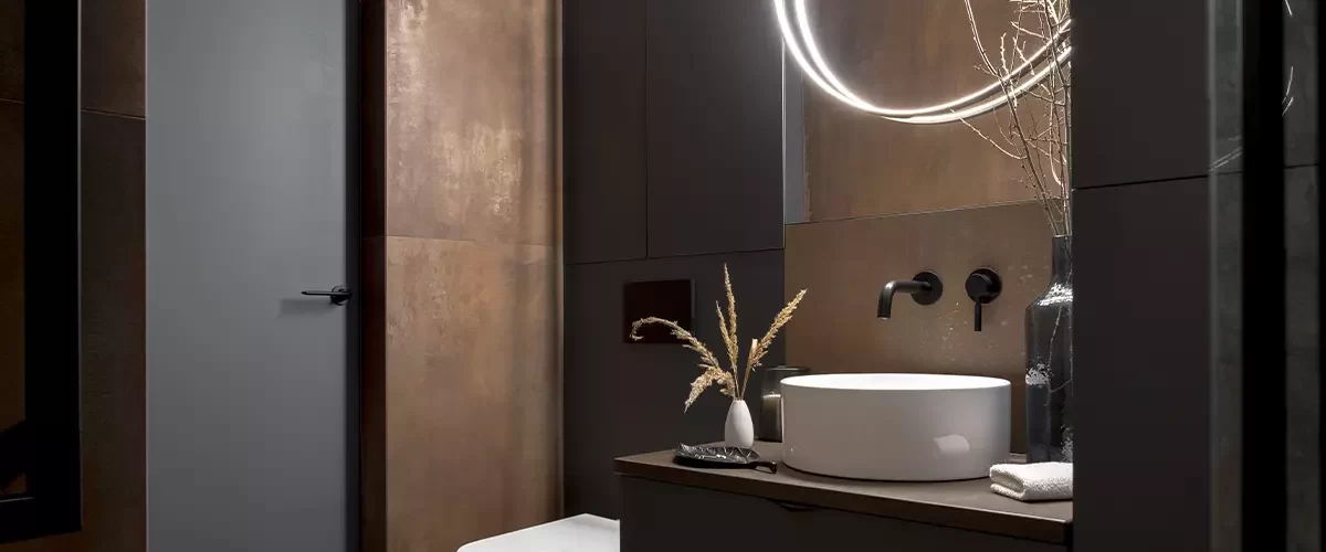 Modern bathroom with rusty tiles bathroom lighting fixtures